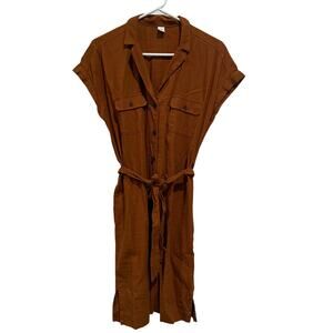 Old Navy Brown Waist-Defined Linen-Blend Tie-Belt Shirt Dress Size Small Casual